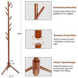 WALTSOM Coat Racks Free Standing, Wooden Coat Hat Tree with 8 Hooks, Hallway Entryway Clothes Hanger Hook Stand for Coat, Scarves, Handbags, Umbrella, NO Tools Required, Solid Wood (Caramel)