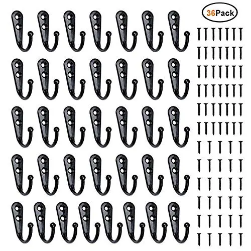 36 Pieces Coat Hooks Wall Mounted Robe Hook Single Coat Hanger No Scratch and 72Pieces Screws Black