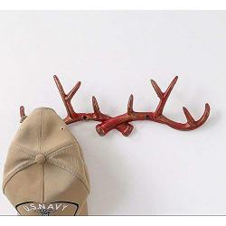 Vintage Cast Deer Antlers Wall Hooks (10 Hooks) Coat Rack Decorative for Hanging Hat Scarf Bag Key Clothes Bathroom Kitchen Towel Holder Christmas Reindeer Deer Hanger Wall Wedding Gift (Red)