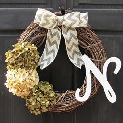 Year Round Hydrangea Grapevine Wreath for Winter Christmas Fall Front Door Decor; Optional Monogram