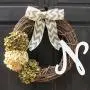 Year Round Hydrangea Grapevine Wreath for Winter Christmas Fall Front Door Decor; Optional Monogram