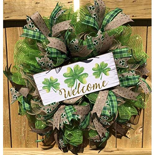 Rustic St. Patricks Day Wreath Shamrock Decor Welcome Door Hanger Wall Decor Burlap Bowtique