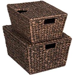 Manoch 2 Pieces Set Hand Woven Water Hyacinth Wicker Baskets Storage Organizer Bins Handles Large Basket Dimensions: 21.5"(L) x 13.5"(W) x 10"(H) Small Basket: 18"(L) x 12"(W) x 8"(H)