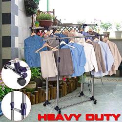 Super buy HEAVY DUTY DOUBLE ADJUSTABLE PORTABLE CLOTHES HANGER ROLLING GARMENT RACK RAIL