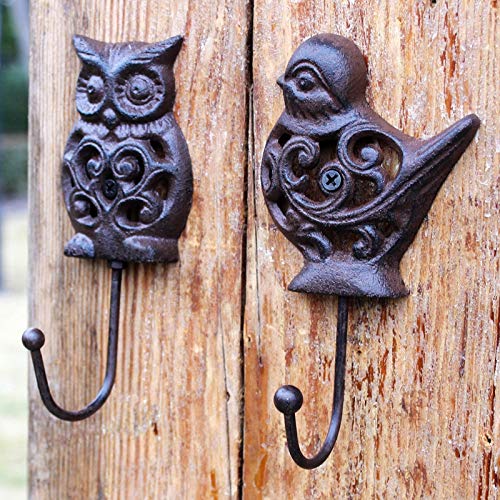 OwMell Set of 2 Owl and Bird Cast Iron Wall Hanger Hooks Rack, Vintage Rustic Decorative Wall Mounted Coat Hook Metal Clothes Hanger