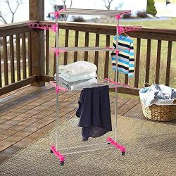 Dporticus Clothes Drying Compact Dryer Hanger Compact Storage Steel with Wings Shape Hanging Rods Pink