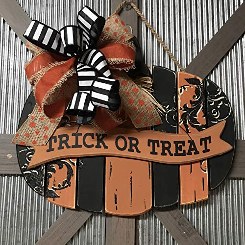 Halloween Front Door Wreath, Pumpkin Door Hanger, Welcome, Trick or Treat, Halloween, Orange, Black,