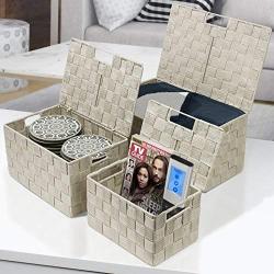 Sorbus Storage Boxes Woven Basket Bin Container Tote Cube Organizer Set Stackable Storage Basket Woven Strap Shelf Organizer Built-in Carry Handles (Beige)