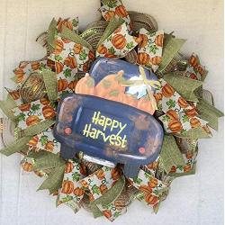 Happy Harvest Fall Truck Wreath, Fall Decor | Fall Door Hanger Farmhouse Decor Burlap Bowtique