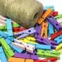 Mini Natural Wooden Clothespins with Jute Twine, 100pcs, 1.4 Inch Photo Paper Peg Pin Craft Clips with 320ft Natural Twine for Scrapbooking, Arts & Crafts, Hanging Photos (10 Colors)