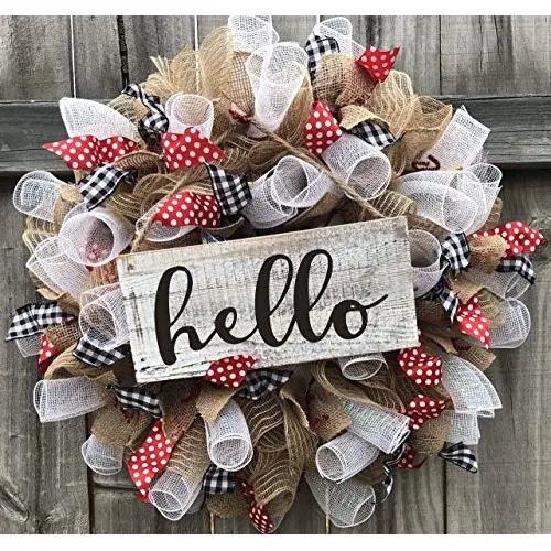 Rustic Hello Wreath Rustic Decor Welcome Door Hanger Farmhouse Decor Burlap Bowtique