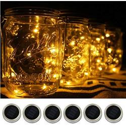 6-Pack Solar-powered Mason Jar Lights (6 Hanger Included / No Jar),10 LEDs Warm White Jar Hanging Light,Solar Fairy Firefly Lights Lids Insert Fit for Regular Mouth Jars for Decor Solar Table Light