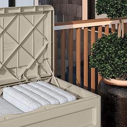 Suncast 73-Gallon Medium Deck Boxes - Lightweight Resin Indoor/Outdoor Storage Container and Seat for Patio Cushions and Gardening Tools - Store Items on Patio, Garage, Yard - Taupe