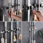 MIAOKE 2PCS Broom Mop Holder, Wall Mount Mop Hook, Stainless Steel Wall Mounted Storage Organizer Heavy Duty Tools Hanger with 3 Racks 4 Hooks for Kitchen Bathroom Garage Closet Office and Garden