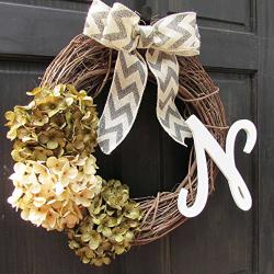 Year Round Hydrangea Grapevine Wreath for Winter Christmas Fall Front Door Decor; Optional Monogram