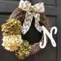 Year Round Hydrangea Grapevine Wreath for Winter Christmas Fall Front Door Decor; Optional Monogram