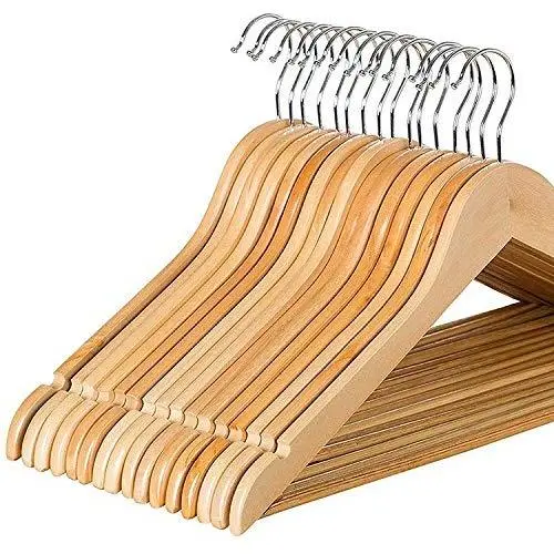 Zober Solid Wood Suit Hangers - 20 Pack - with Non Slip Bar and Precisely Cut Notches - 360 Degree Swivel Chrome Hook - Natural Finish Super Sturdy and Durable Wooden Hangers