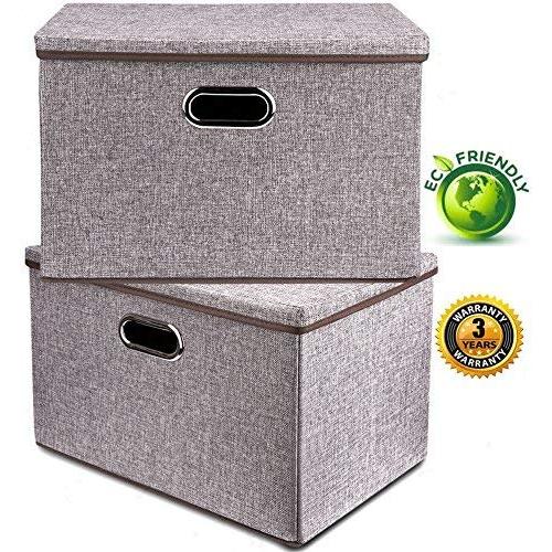 Large Linen Fabric Foldable Storage Container [2-Pack] with Removable Lid and Handles,Storage bin Boxes Cubes Organizer - Gray for Home, Office, Nursery, Closet, Bedroom, Living Room