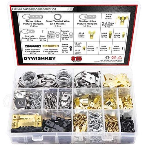 DYWISHKEY Picture Hanging Kit, 815 PCS Heavy Duty Assorted Picture Hangers Hooks Nails and Screws, Picture Hangers Assortment Kit for Wall Mounting