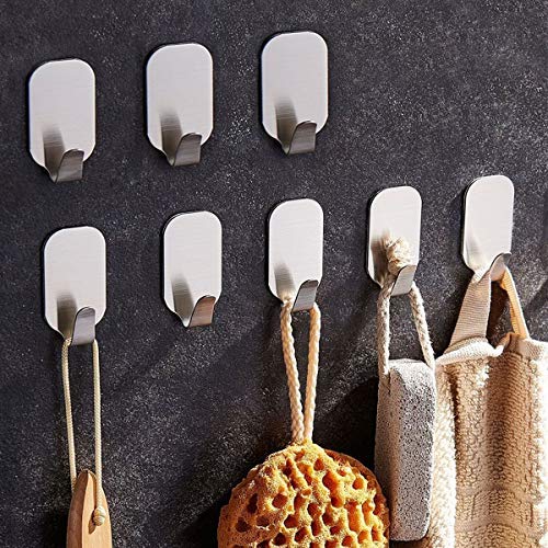 Adhesive Hooks Heavy Duty 10 Packs, VEEMOS Wall Hooks 304 Stainless Steel Waterproof Hanger for Towel/Bath Sponge/Handbags/Hats/Keys/Kitchen Utensils-Home Bathroom Office Organizer