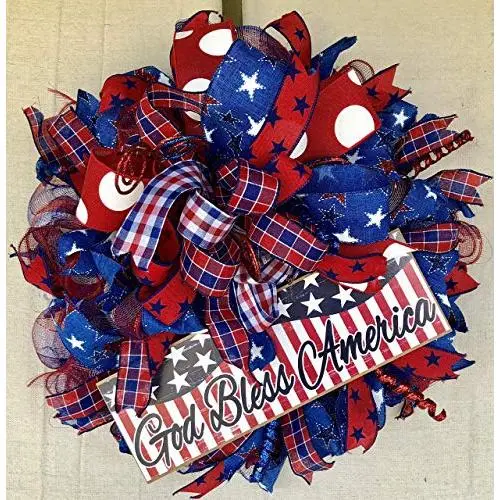 Patriotic Gold Bless America Wreath Everyday Wreath Decor Welcome Door Hanger Patriotic Decor Burlap Bowtique