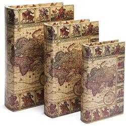 Book Safe ? 3-Pack Fake Hollow Books, Hollowed Out Decorative Faux Books with Secret Hidden Compartment Boxes for Storage ? Hide Jewelry, Money, Valuables, and More, Vintage Map Design