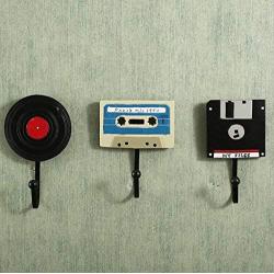 Christmas Gift 3 Pcs Vintage Hand Made Painted Poly Resin Recorder Tape Computer Disc Home Door Wall Mount Hooks Home Towel Clothes Hat Coat Key Hanger (Style # C)