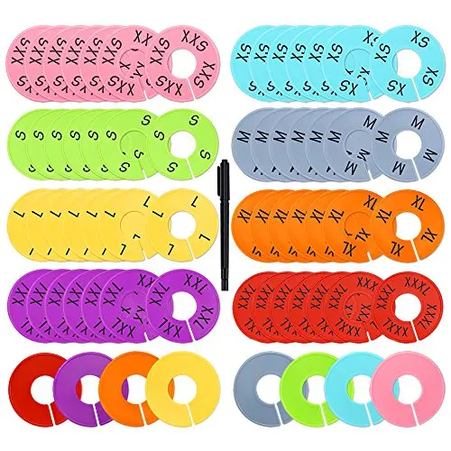 Caydo 64 Pieces 8 Colors Clothing Size Dividers Round Hangers Closet Dividers, Size Series XXS to XXXL and Blank with Marker Pen Caydo 64 Pieces 8 Colors Clothing Size Dividers Round Hangers Closet Dividers, Size Series XXS to XXXL and Blank with Marker Pen