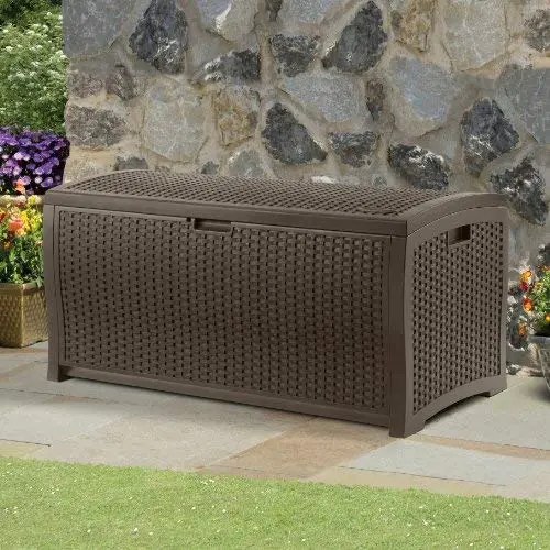 Suncast 99-Gallon Large Deck Boxes - Lightweight Resin Indoor/Outdoor Storage Container and Seat for Patio Cushions and Gardening Tools - Store Items on Patio, Garage, Yard - Mocha