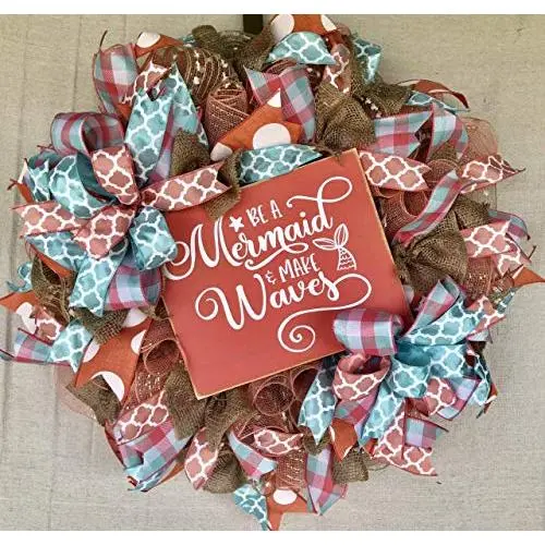 Mermaid Wreath Everyday Summer Beach Wreath Decor Welcome Door Hanger Beach Decor Burlap Bowtique