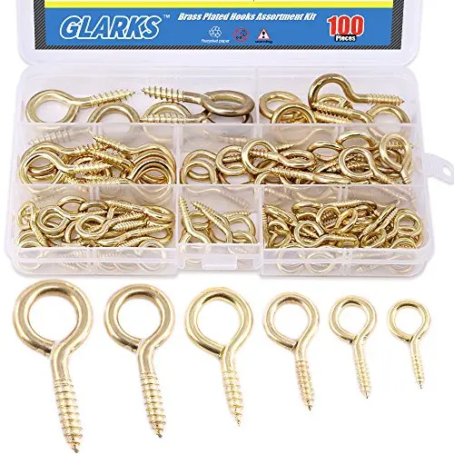 Glarks 100-Pieces 6 Size Brass Plated Lag Eyebolts Screw-in Eye Shape Screw Hooks Hanging Hooks Assortment Set Glarks 100-Pieces 6 Size Brass Plated Lag Eyebolts Screw-in Eye Shape Screw Hooks Hanging Hooks Assortment Set