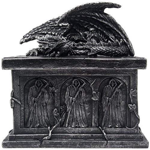 Mythical Guardian Dragon on Tomb Trinket Boxes in Metallic Look with Grim Reapers Crypt and Hidden Storage Compartment for Decorative Gothic & Medieval Home Decor As Jewelry Boxes or Fantasy Gifts