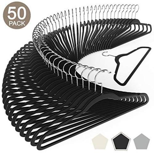 VEEYOO Premium Velvet Suit Hangers - Heavy Duty, Ultra Thin, Non Slip & Space Saving Clothes Hangers 360 Degree Chrome Swivel Hook Velvet Hangers for Coat Suit Shirt Dress Pants (Set of 50 PCS, Black)