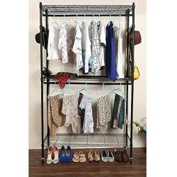 Newzeal Extra-Large 3-Tier Rod Closet Organizer Garment Rack Clothes Storage Hanger Shelf Hooks Portable Clothes Wardrobe Hanger Home Shelving