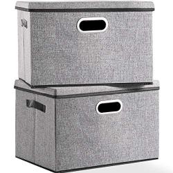 Large Foldable Storage Boxes with Lid [2-Pack] Linen Fabric Decorative Storage Bin Organizer Containers with Removable Lids Cover for Bedroom Closet Office Living Room