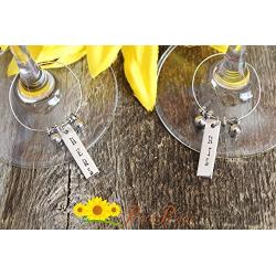 Wine Glass Hangers - His and Hers Custom Wine Charms - Hangers for Wine Glass - Bride and Groom Gifts for Anniversary - Champagne Tags - Handmade Handstamped Present