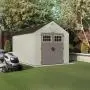 Suncast 13 x 8 Tremont Storage Shed - Natural Wood-Like Outdoor Storage for Power Equipment and Yard Tools - All-Weather Resin Material, Skylights and Shingle Style Roof