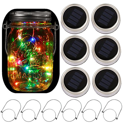 6-Pack Solar-powered Mason Jar Lights 20 LEDs(6 Hanger Included / No Jar),5 Colors Twinkle Jar Waterproof Hanging Lantern,Outdoor Garden String lighting Lids for Regular Mouth Jars for Christmas Patio