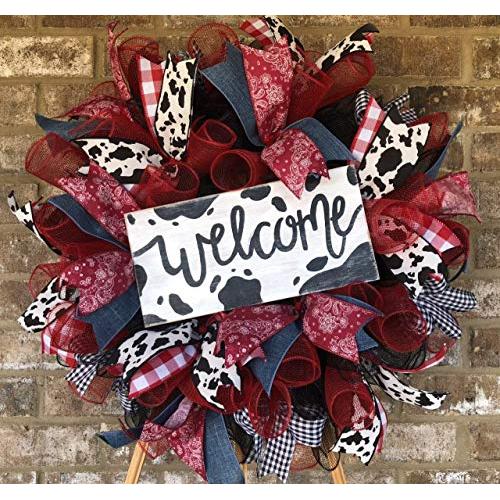 Rustic Cow Wreath Rustic Farmhouse Decor Welcome Door Hanger Farmhouse Decor Burlap Bowtique
