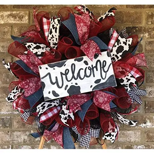 Rustic Cow Wreath Rustic Farmhouse Decor Welcome Door Hanger Farmhouse Decor Burlap Bowtique