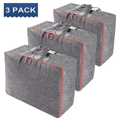 Waterproof Linen Fabric Clothes Storage Bag Organizer  with Reinforced Handle, Large Capacity Carrying Tote Bag with Sturdy Zipper for Moving, Comforter, Bedding, 3 Pack, Grey Under Bed Storage Bag