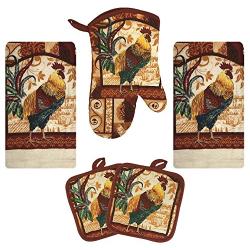 Farm Rooster Kitchen Decor Linen Set Includes 2 Dish Towel 2 Pot Holders 1 Oven Mitt | Kitchen Towel Set For Cooking, Baking, Housewarming and Kitchen Decoration (Set of 5 Piece)