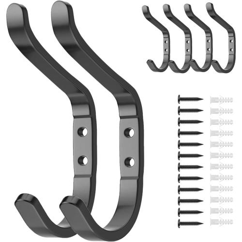6 Pack Wall Hook for Hanging - 30 LB Wall Mount Hanger for Coat, Towel, Backpack, Clothes, Hat, Purse, Metal Black
