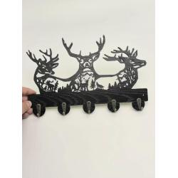 [Deer Key Hooks Organizer] Wooden Deer Key Hooks, 1Pc Animal Theme Wall Mount Organizer - 5 Metal Hooks, 19 * 29 * 3cm Black Home Decoration for Storage, Living Room, Hallway, Office