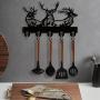 [Deer Key Hooks Organizer] Wooden Deer Key Hooks, 1Pc Animal Theme Wall Mount Organizer - 5 Metal Hooks, 19 * 29 * 3cm Black Home Decoration for Storage, Living Room, Hallway, Office
