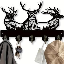 [Deer Key Hooks Organizer] Wooden Deer Key Hooks, 1Pc Animal Theme Wall Mount Organizer - 5 Metal Hooks, 19 * 29 * 3cm Black Home Decoration for Storage, Living Room, Hallway, Office