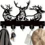 [Deer Key Hooks Organizer] Wooden Deer Key Hooks, 1Pc Animal Theme Wall Mount Organizer - 5 Metal Hooks, 19 * 29 * 3cm Black Home Decoration for Storage, Living Room, Hallway, Office