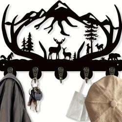 [Deer Wooden Key Holder] 1Pc Deer Wooden Key Holder - 5 Metal Hooks, 19 * 29 * 3cm Black Home Decoration - Animal Theme Wall Mount Organizer for Storage, Living Room, Hallway, Office