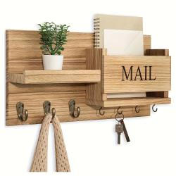 Rustic Brown Wooden 1pc Wall-Mounted Storage Organizer - Key Hooks and Decorative Floating Shelf for Entryway, Bedroom, Bathroom, and Living Room - Wheat Color