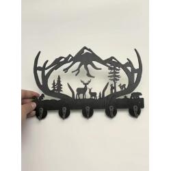 [Deer Wooden Key Holder] 1Pc Deer Wooden Key Holder - 5 Metal Hooks, 19 * 29 * 3cm Black Home Decoration - Animal Theme Wall Mount Organizer for Storage, Living Room, Hallway, Office